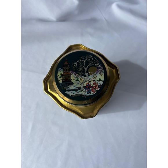 Vintage Chinoiserie Metal Tea Tin Green Gold Pagoda Landscape Storage Canister - Picture 5 of 8